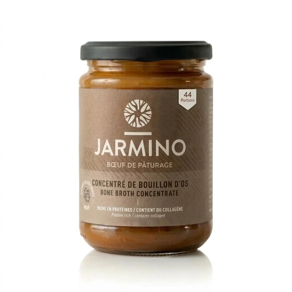 pot en verre contenant du concentré de bouillon d'os de la marque Jarmino