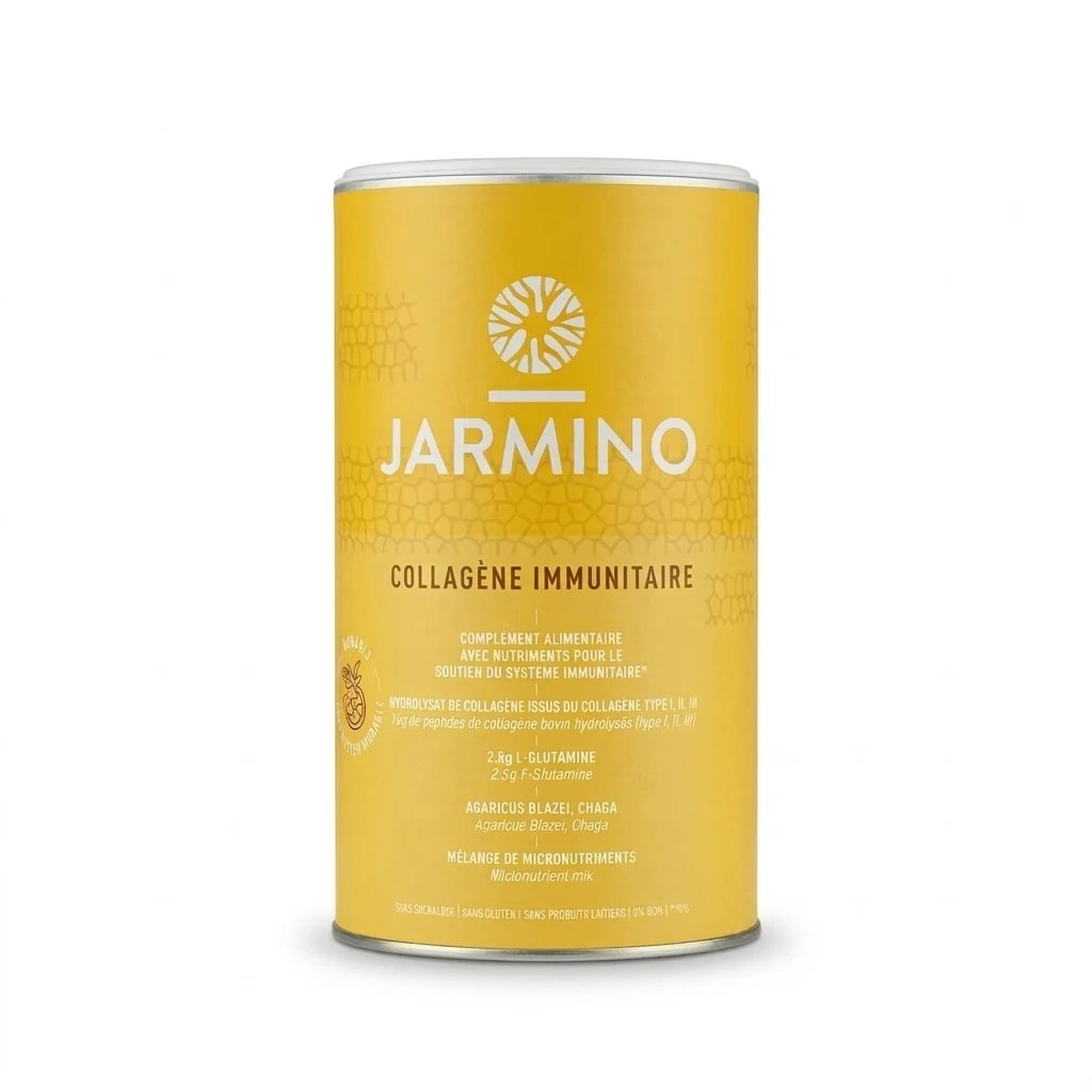 boite jaune de poudre de collagène de la marque Jarmino