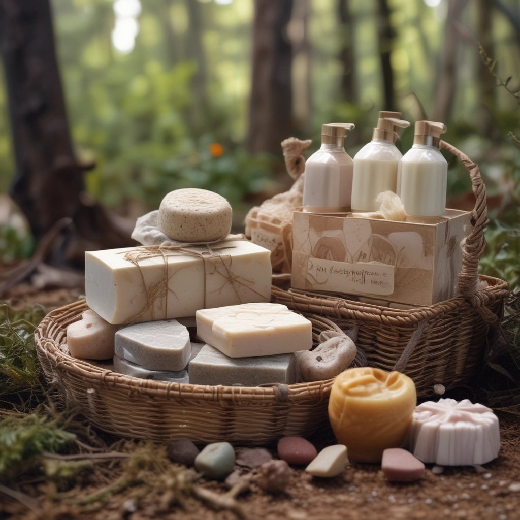 A collection of skincare and beauty products laid out on a surface. The items include a sachet labeled 'Love Beauty and Planet' featuring a floral design with pink flowers, a small dropper bottle with a dark cap, a white packet labeled 'Beautycounter Overnight Resurfacing Peel,' and a makeup brush with dark bristles and a metallic handle.