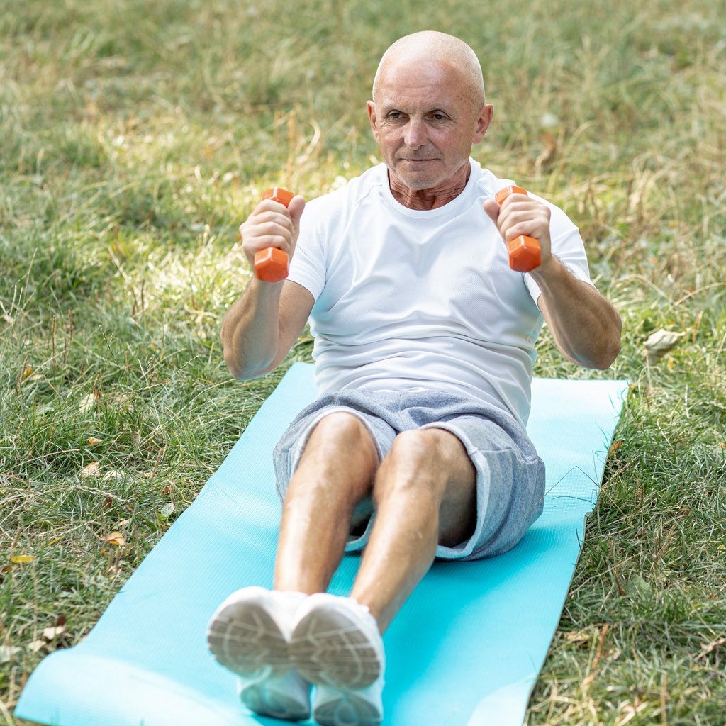 paciente com câncer fazendo exercício com halter na esteira ao ar livre