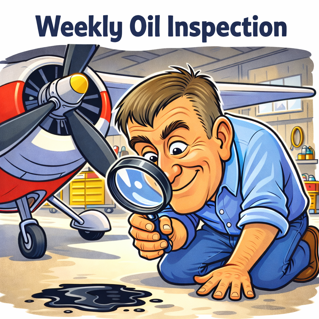 Cartoon of excited aviator inspecting oil drops on the floor beneath his airplane