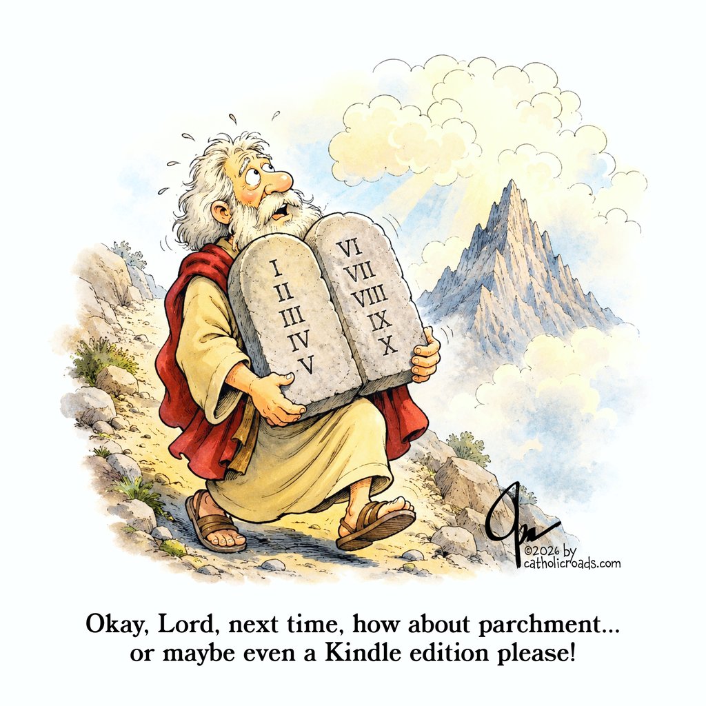 Cartoon of Moses carrying the heavy stone tables and asking God for a digital version
