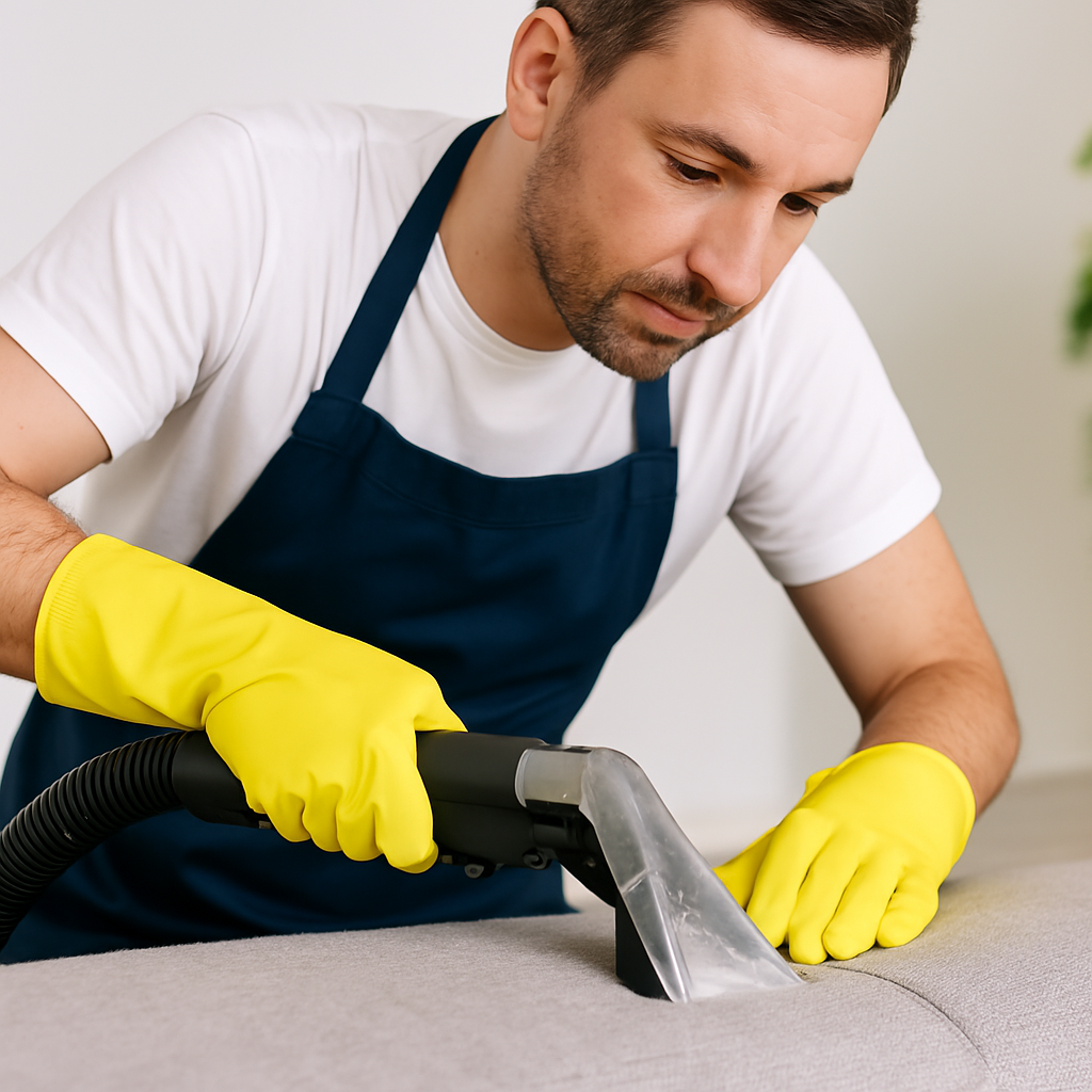 Profesjonalne czyszczenie tapicerki meblowej przez pracownika firmy sprzątającej w Gdańsku.