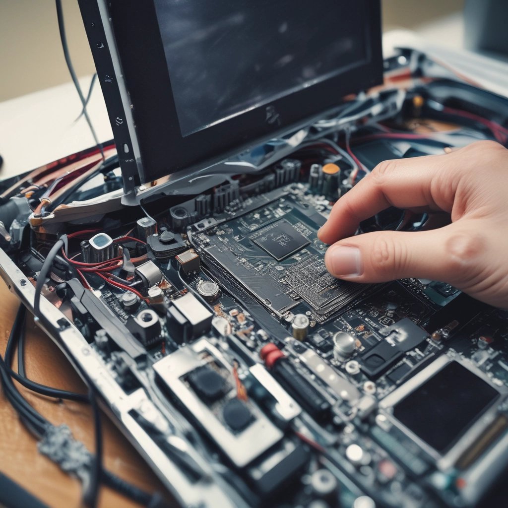 A high-tech server with multiple metal storage units connected through cables on a glossy blue surface, giving a futuristic impression.