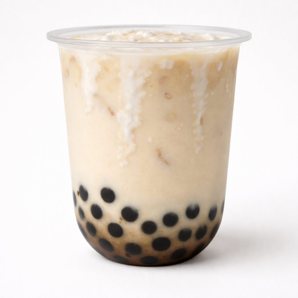 Iced brown sugar boba milk tea with black tapioca pearls in a clear plastic cup.