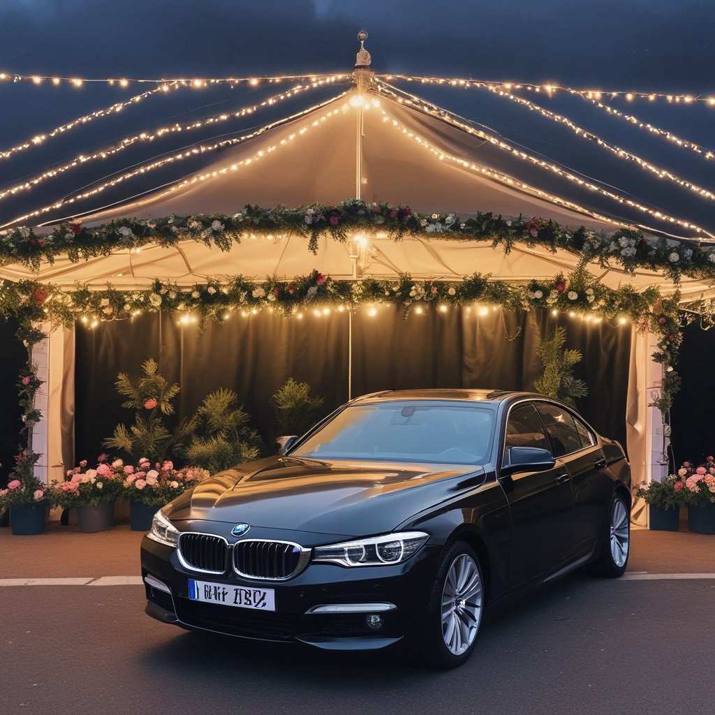 A luxurious black car with a distinctive front grille is parked in an urban environment. A man in traditional attire can be seen walking in the background, and several other vehicles, including a white van, are also visible.