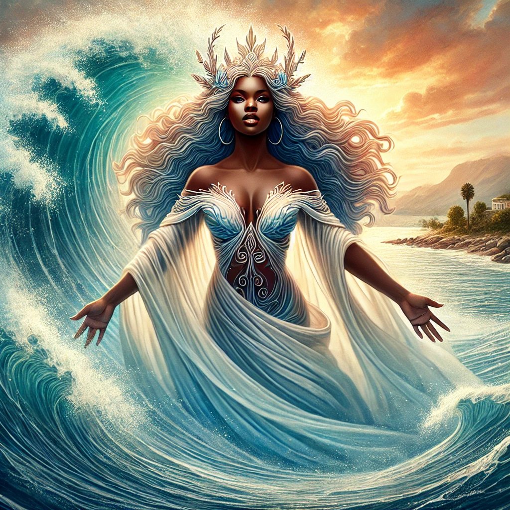 African water spirit depicted as a beautiful mermaid-like figure with flowing hair