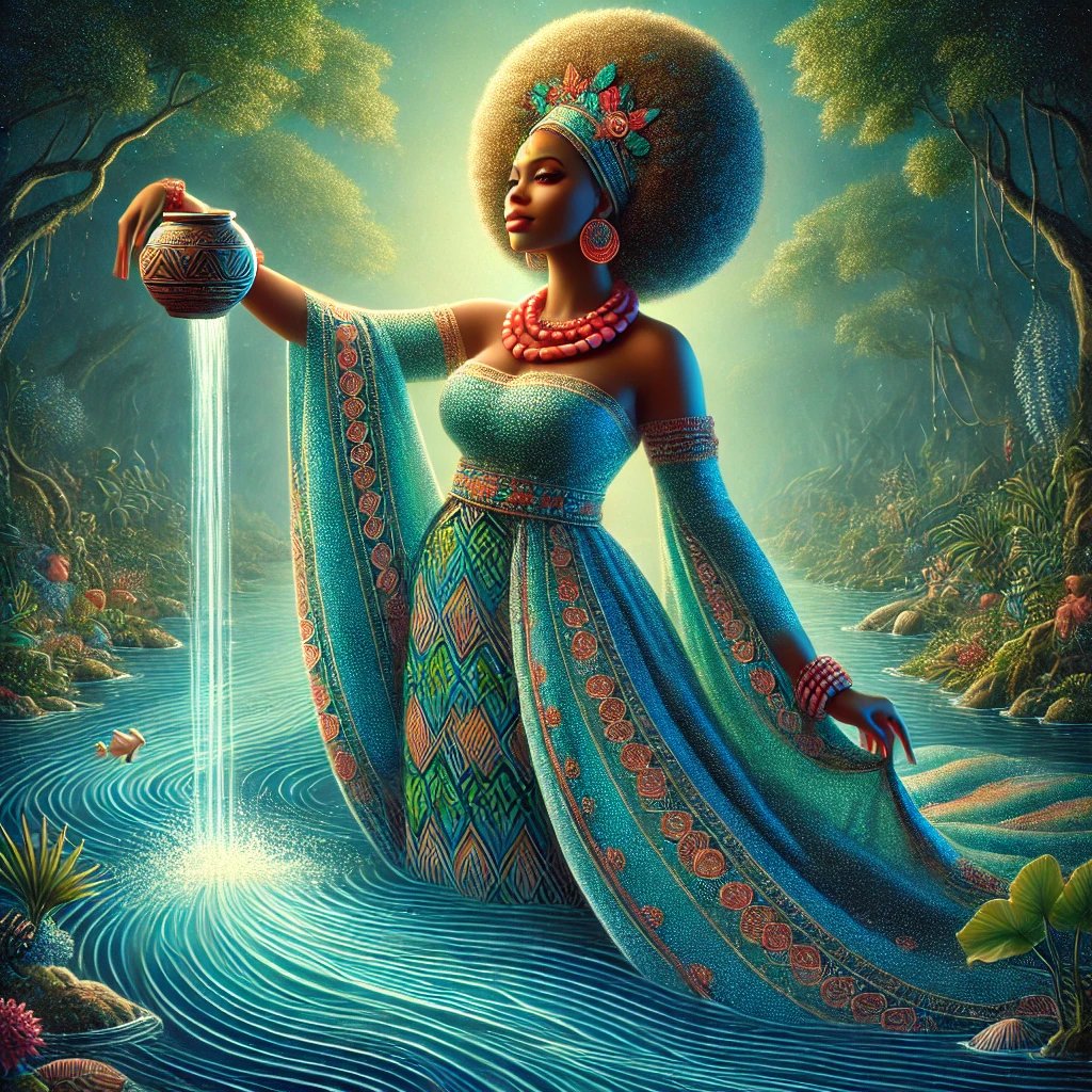 a woman in a blue dress holding a vase with water