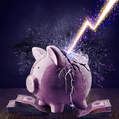 Piggy bank, sat on a pile of cash, cracking as it is struck by lightening