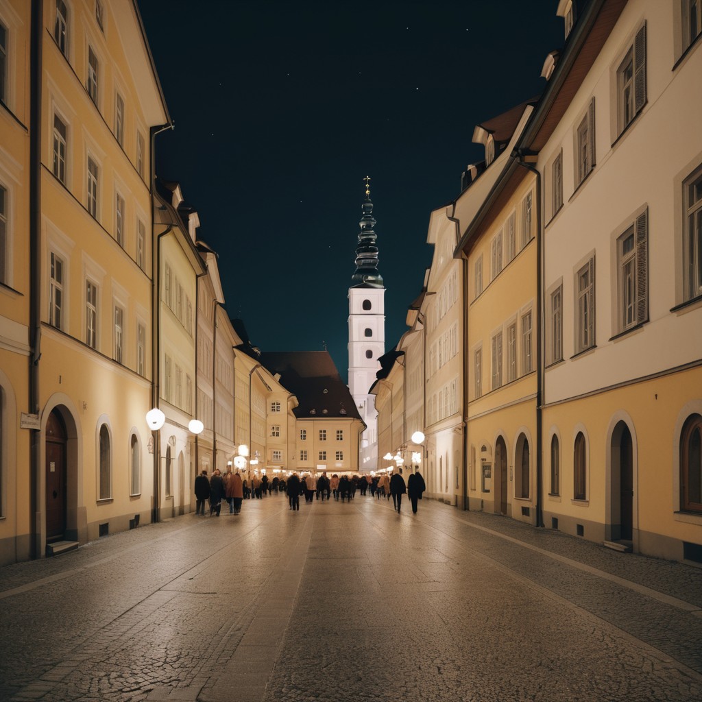 a street scene with a clock tower in the middle of the street