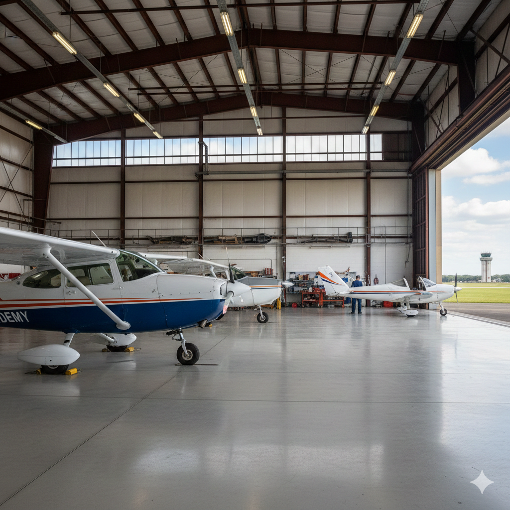 training airplane parked in hanger
