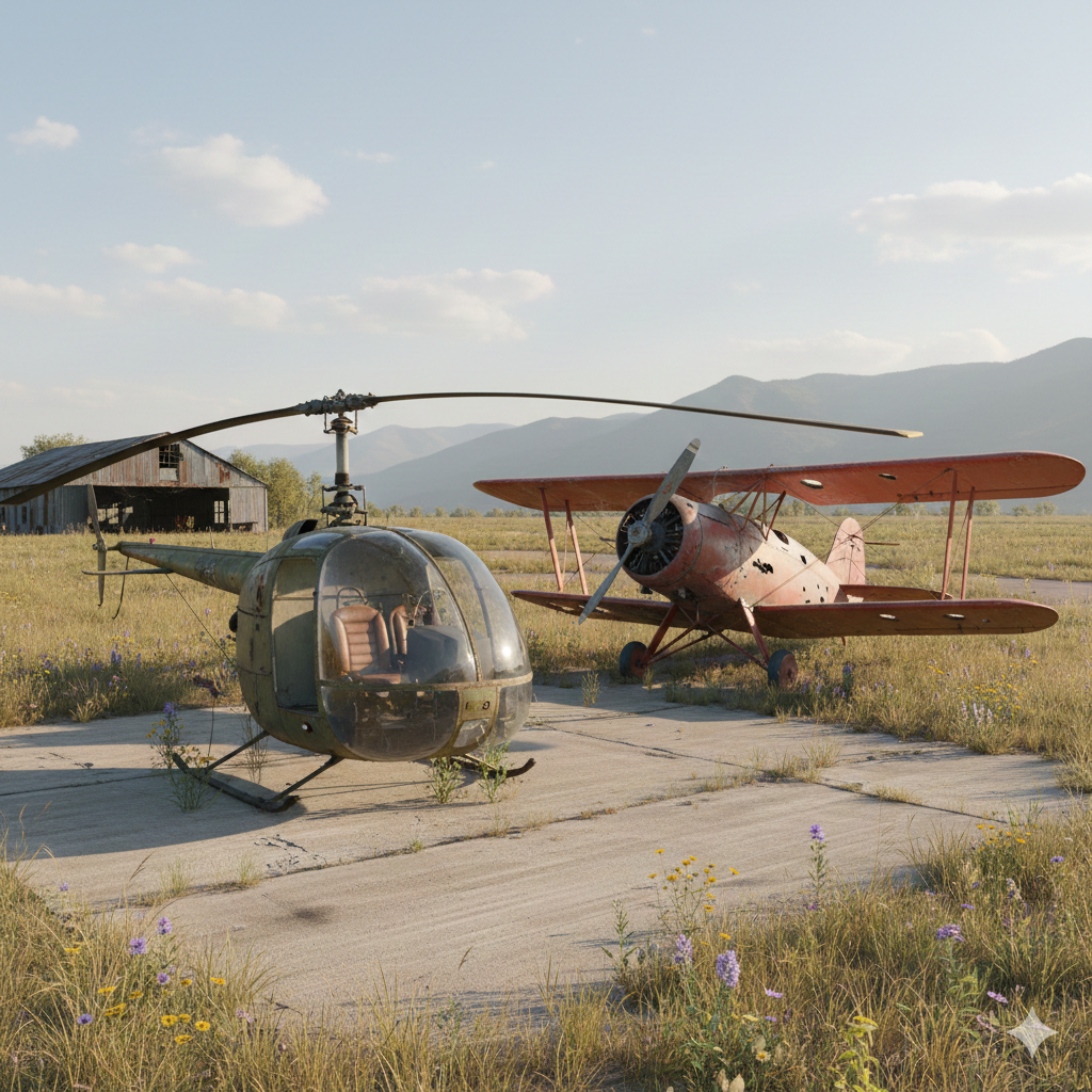 a helicopter with a plane on the ground