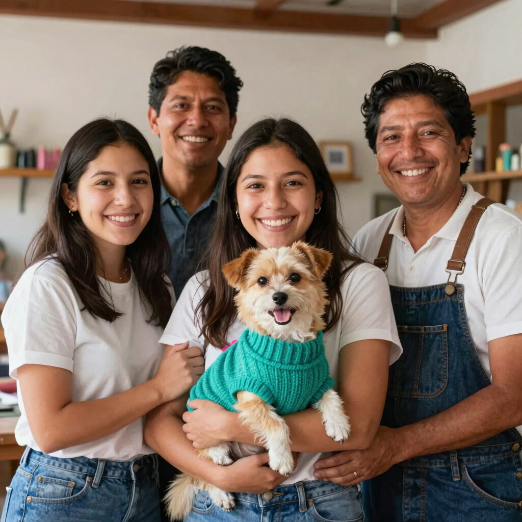 Una familia sonriente posa junta en el interior, sosteniendo a su perro pequeño que lleva un suéter verde.