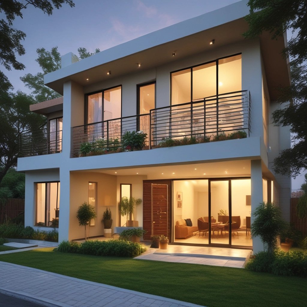 A beautifully lit Vedanta Homes exterior at dusk showcasing elegant architecture and lush landscaping.