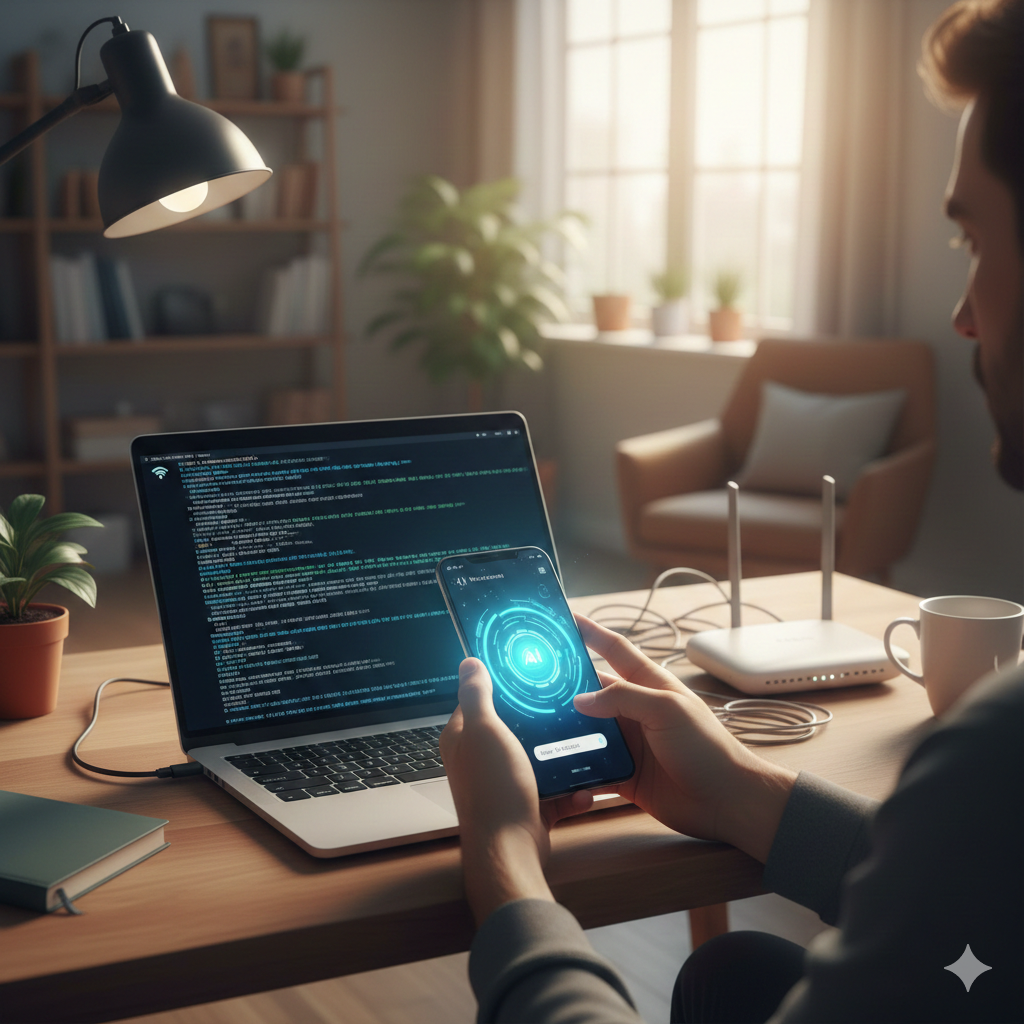 A man using AI prompts on his smartphone to troubleshoot home technology issues like router setup, computer errors on laptop