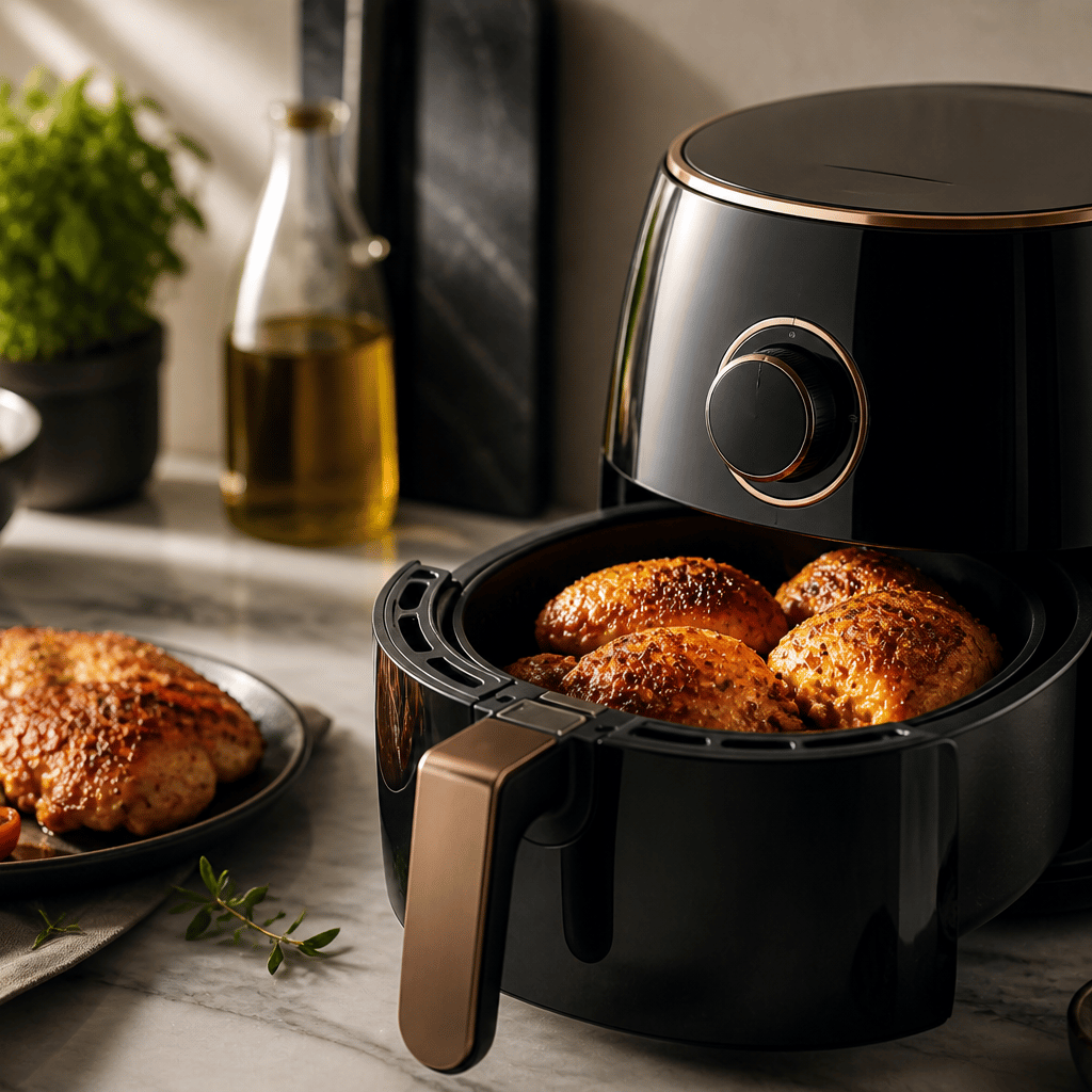 Modern air fryer cooking crispy chicken in a premium kitchen setting 