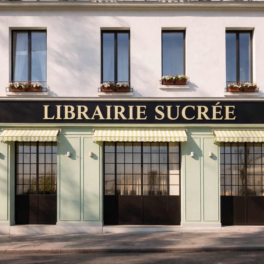Librairie Sucrée storefront with pale green walls, striped awnings, and flower boxes in Paris.
