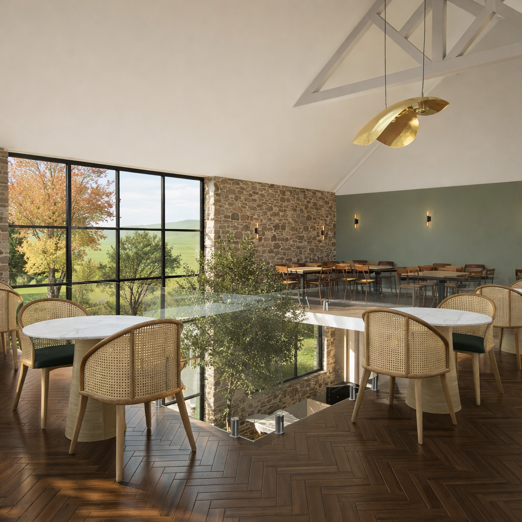 Modern luxury restaurant interior with cane chairs, marble tables, and rustic stone walls overlooking a scenic view.