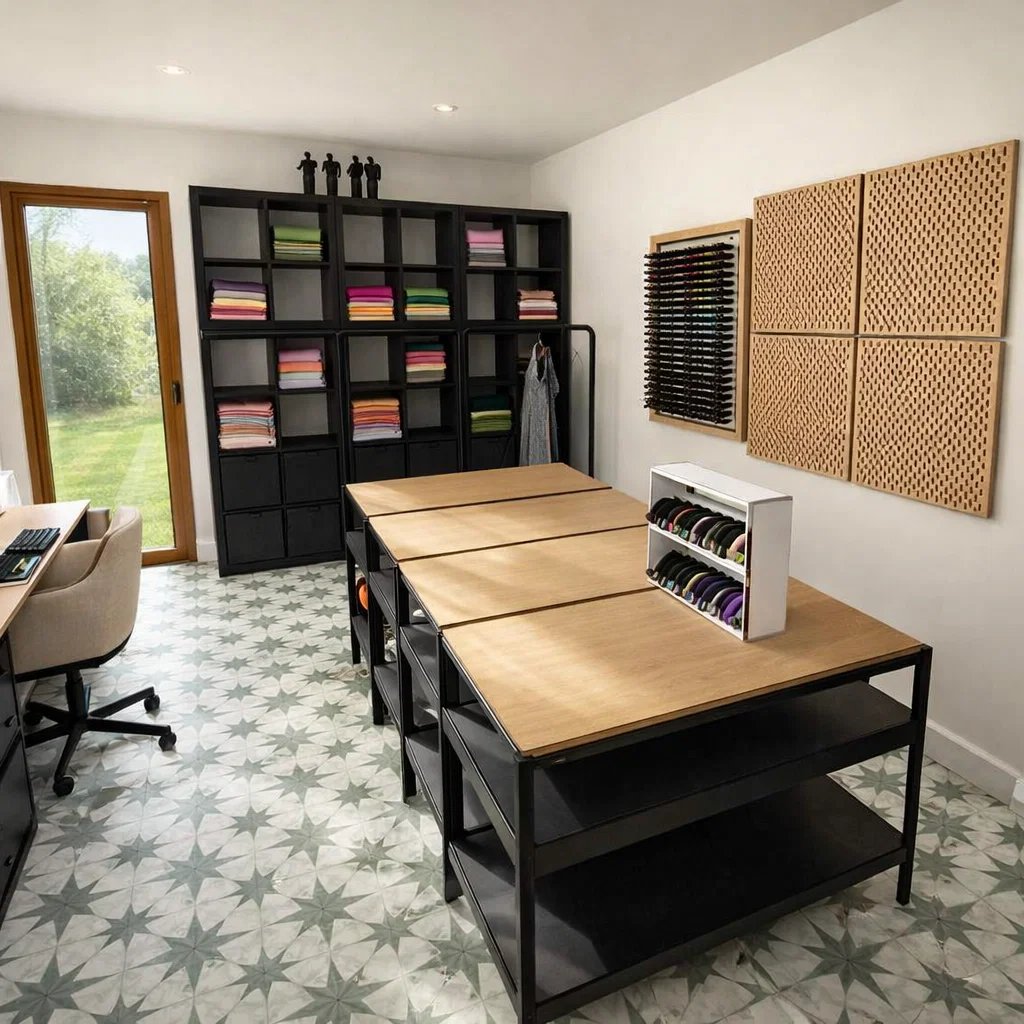 A bright design studio featuring organized fabric storage, a large wooden work table, and tiled floors.