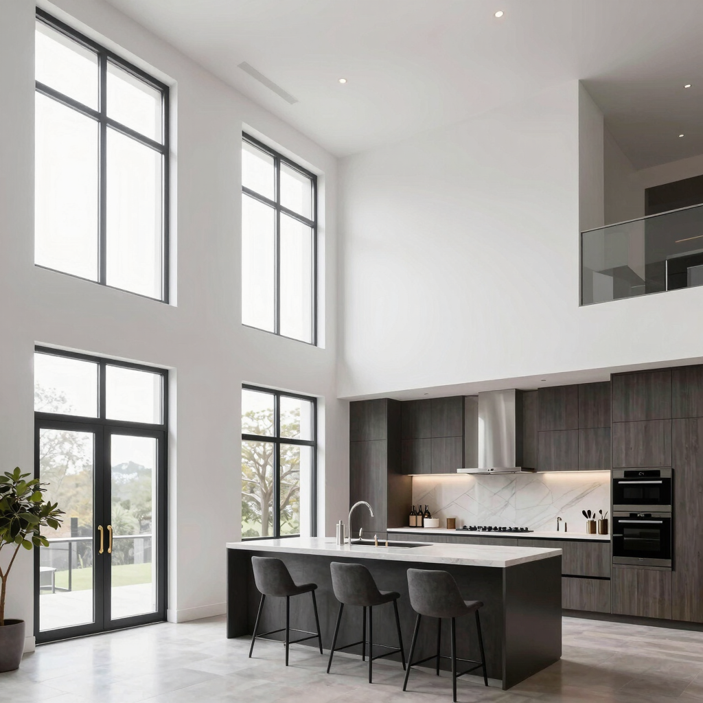 Modern kitchen with wood cabinets and large windows.