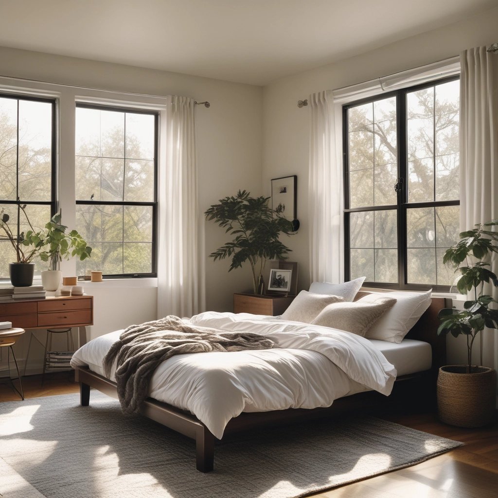 A serene morning scene with soft sunlight filtering through sage green leaves, evoking calm and balance.