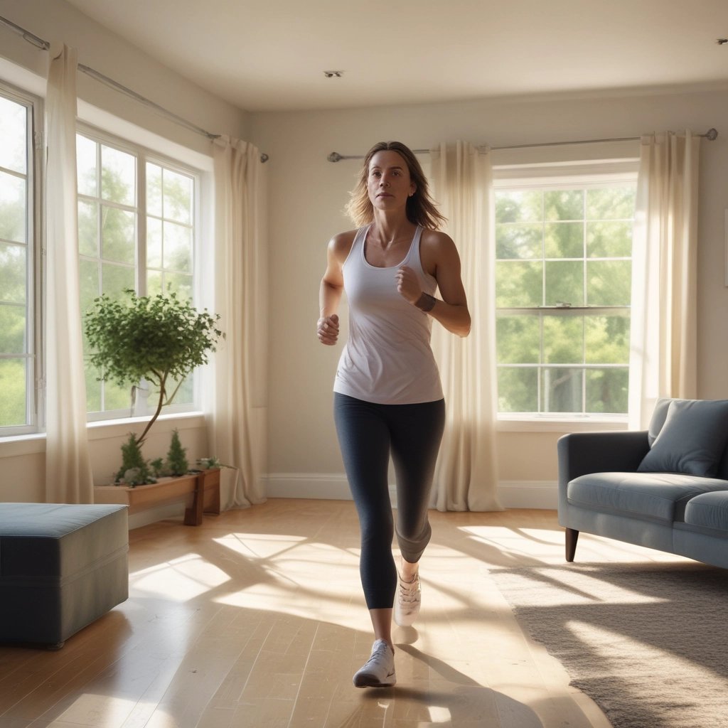 a woman in a white tank top slow jogging in a living room
