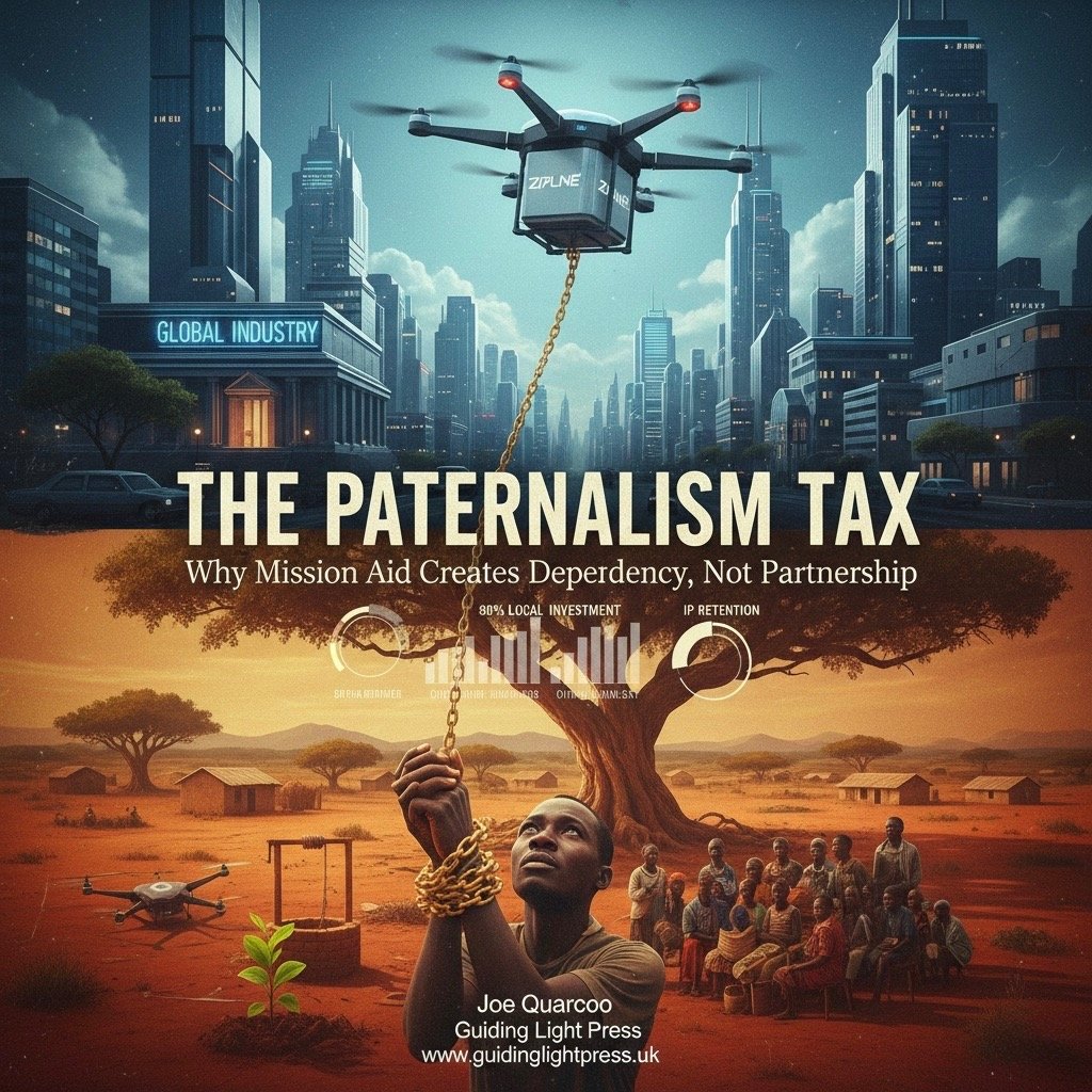 Decolonial inquiry artwork for The Paternalism Tax article by Guiding Light Press