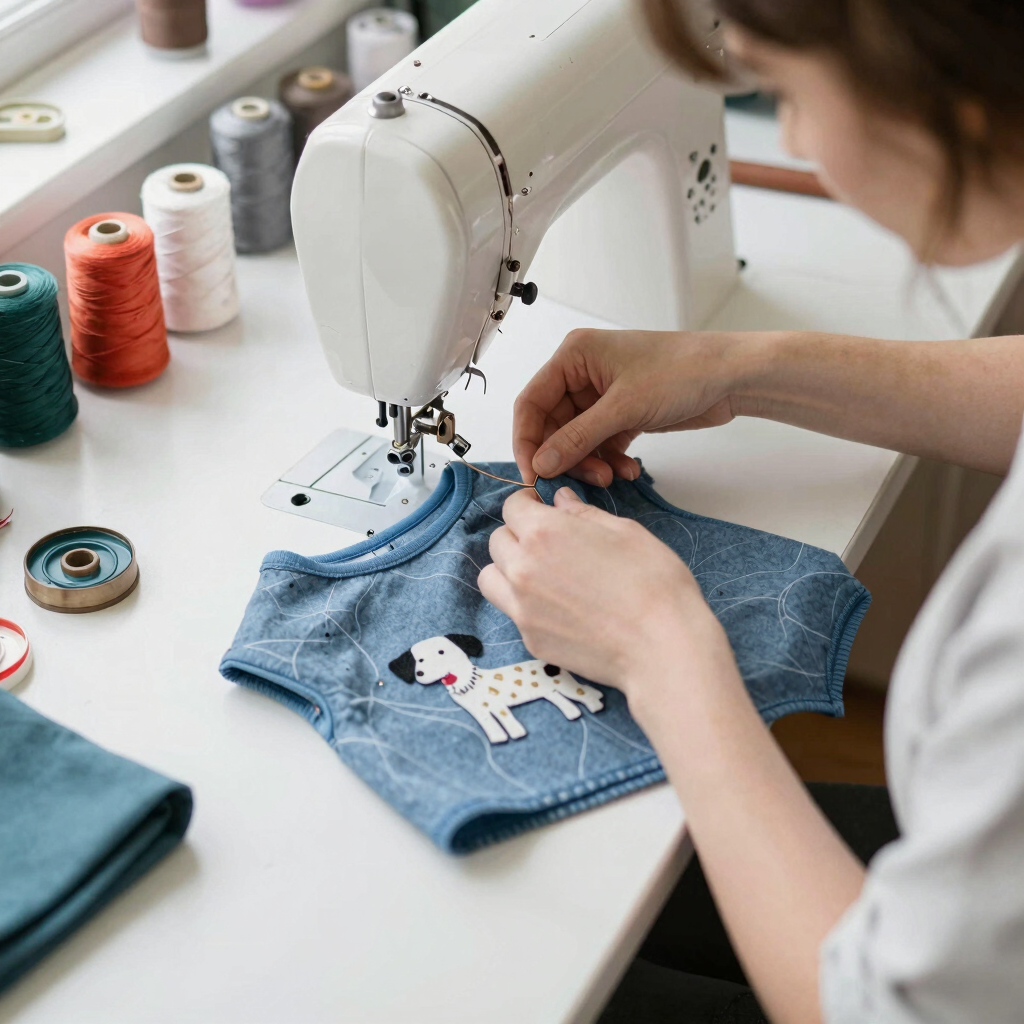 mujer cosiendo ropa para perros y gatos en un. taller 