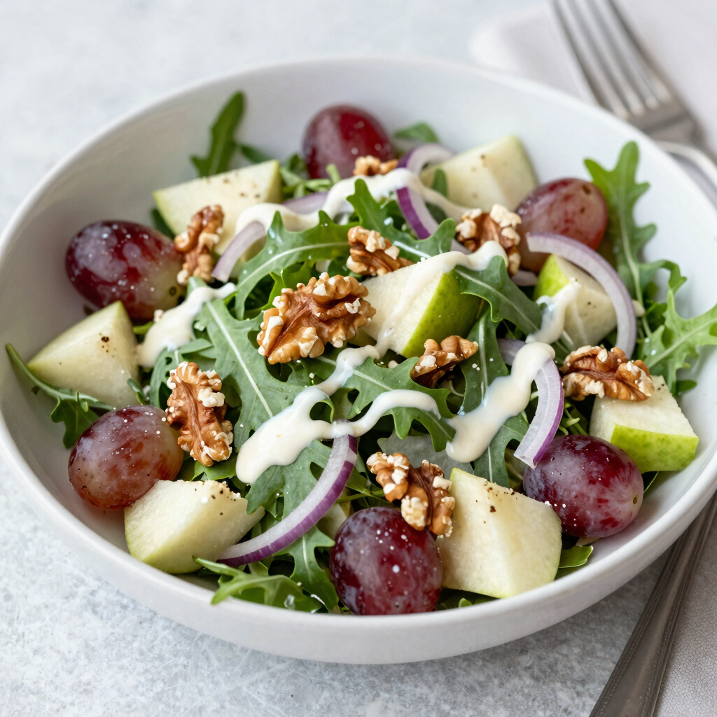 Fresh arugula salad with red grapes, sliced pears, walnuts, and red onion drizzled with creamy dressing.