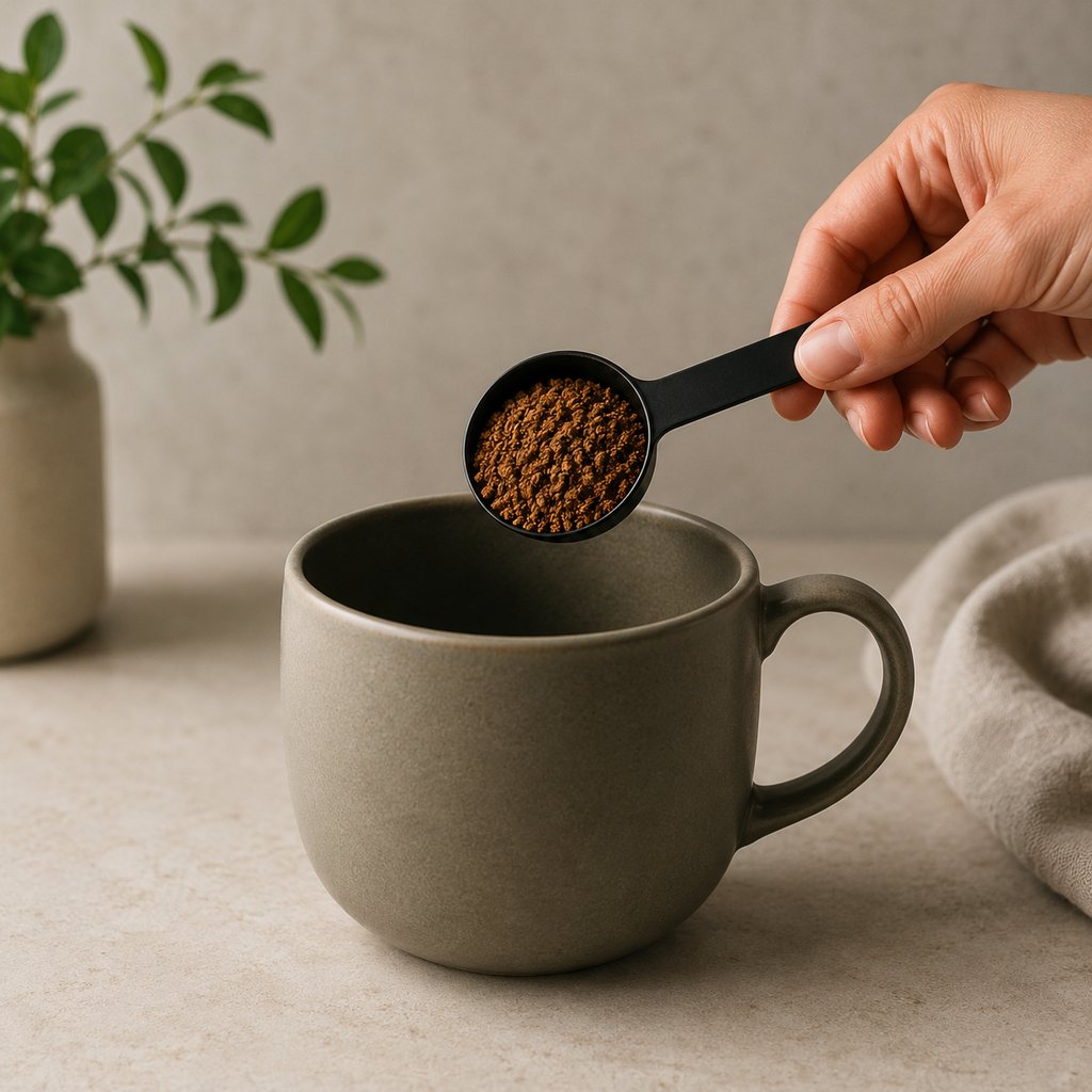 A hand pouring a scoop of dark instant coffee granules into a gray ceramic mug on a stone countertop.
