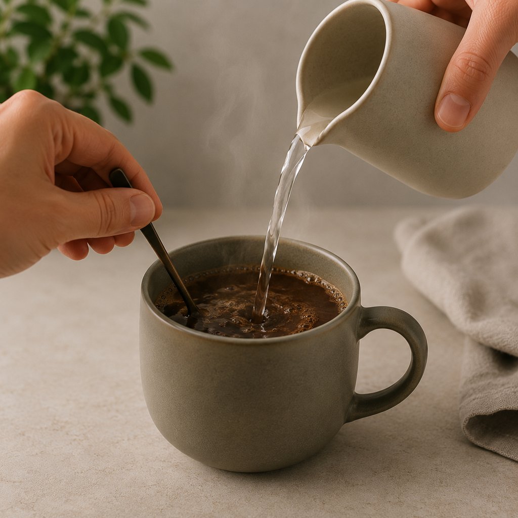 A person pouring steaming hot water from a ceramic pitcher into a grey mug of dark coffee while stirring with a spoon.
