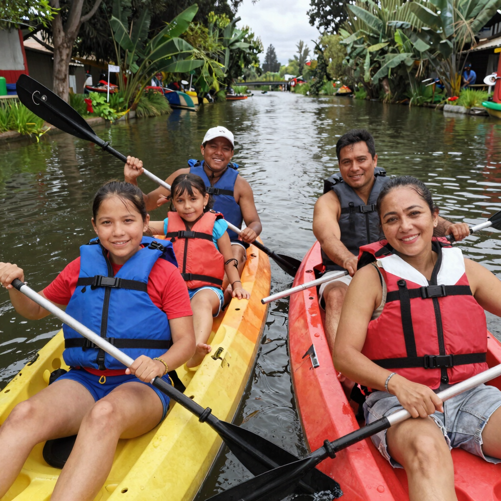 A happy family wearing life jackets paddling colorful kayaks on a scenic river canal of Xochimilco.