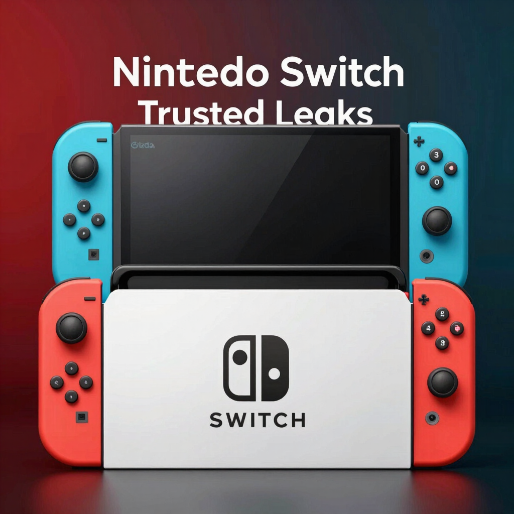 Nintendo Switch console with blue and red Joy-Con controllers displayed over trusted leaks text.