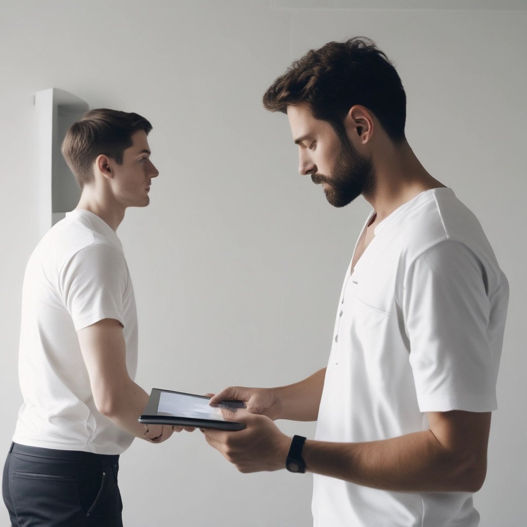 Orthopedic surgeon consulting a patient with a custom brace in a bright clinic room.