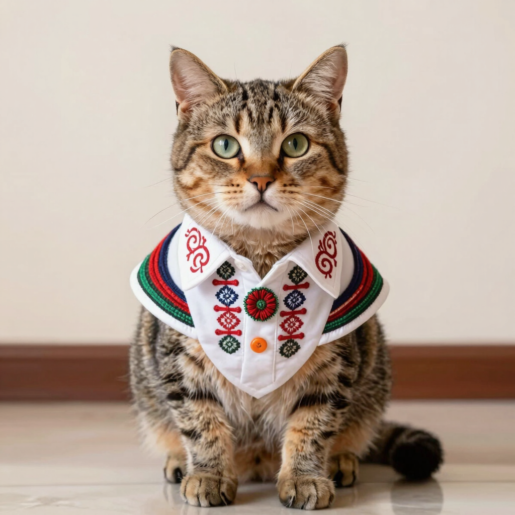 Un gato doméstico atigrado que lleva un collar tradicional blanco bordado con motivos folclóricos