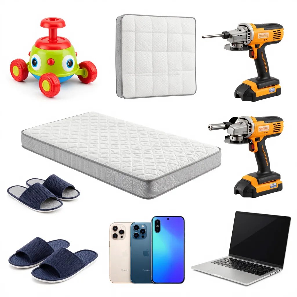 Colagem de produtos variados para casa, eletrónica, ferramentas e brinquedos sobre fundo branco para