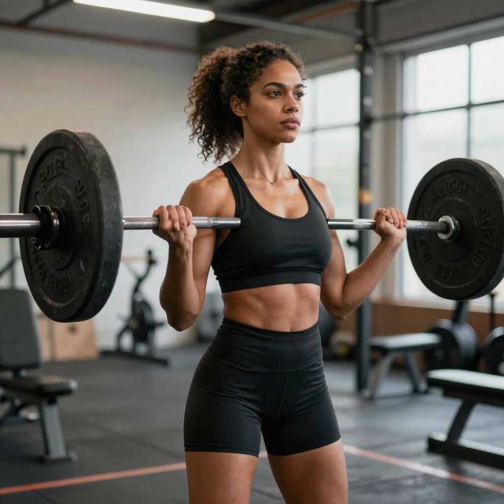 Woman lifting weights confidently in a gym, muscles engaged and focused.