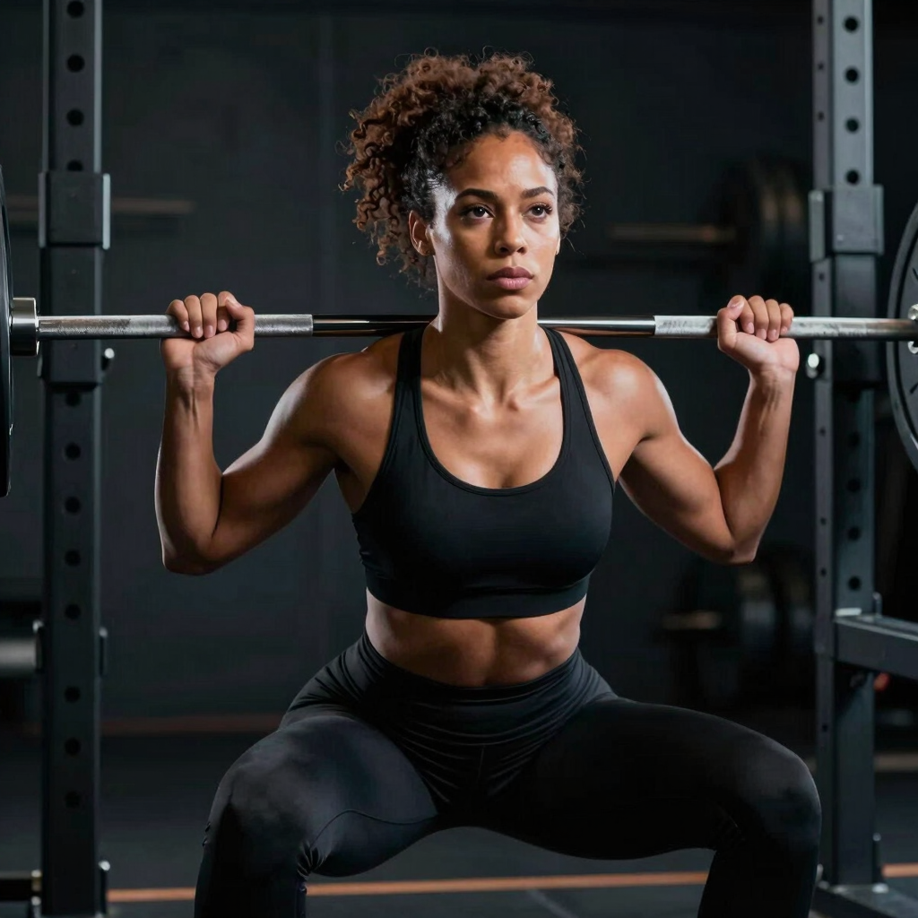 Woman lifting weights confidently in a gym, muscles engaged and focused.
