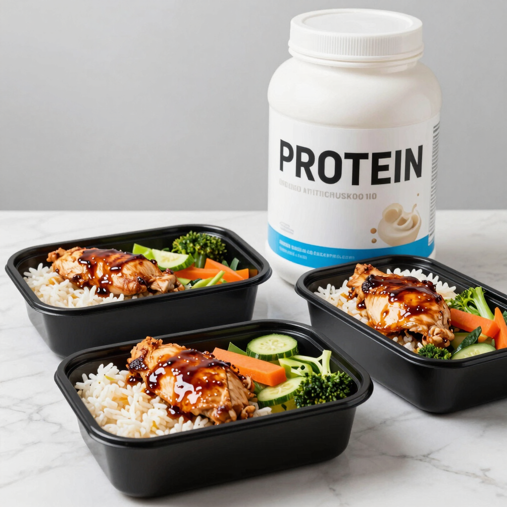Healthy meal prep containers with glazed chicken, rice, and fresh vegetables next to a protein powder tub.