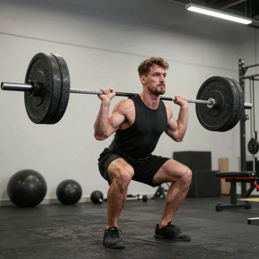 Muscular man performing a deadlift with a barbell in a gym, showcasing strength and fitness for weightlifting and