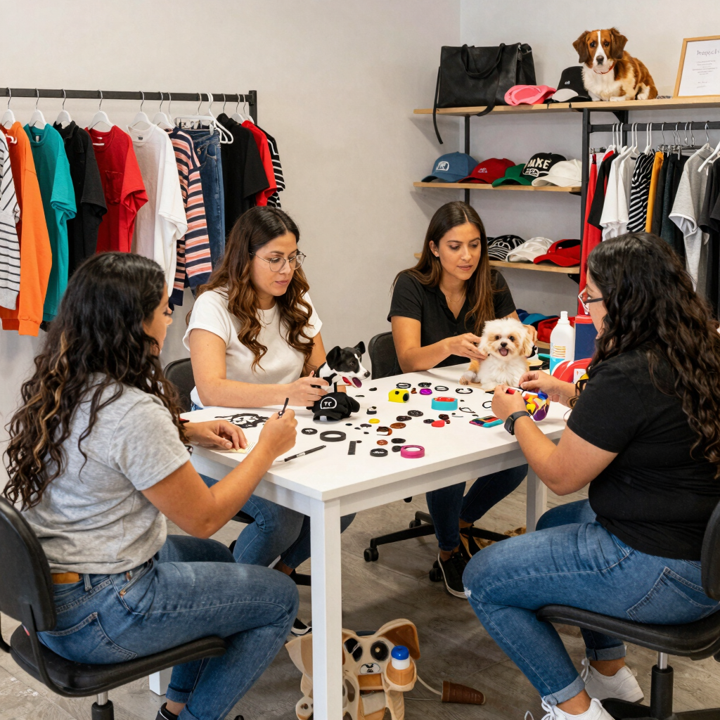 Cuatro mujeres diseñan ropa y accesorios personalizados para mascotas en una mesa de un taller