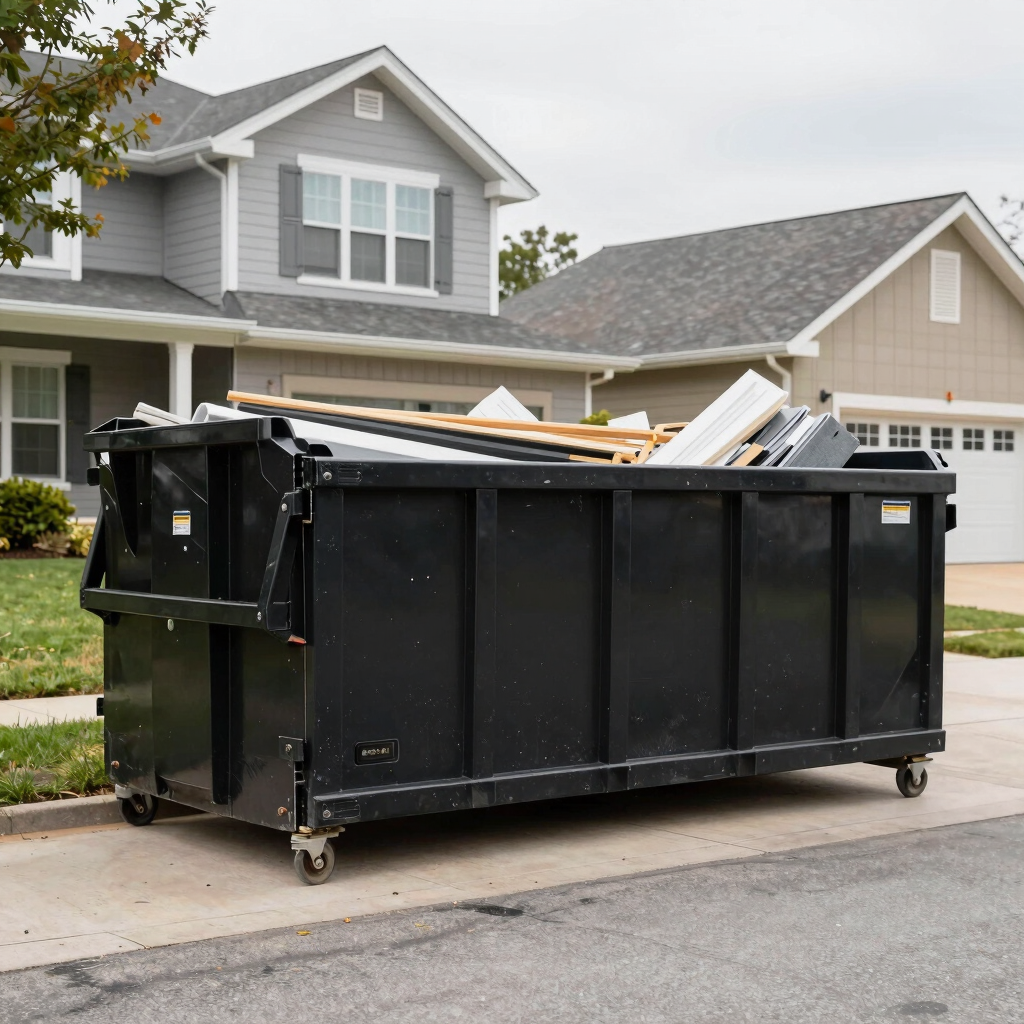 A green roll-off dumpster parked in a suburban driveway surrounded by neatly trimmed bushes.