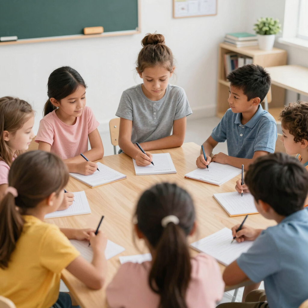 Small group of students collaborating on a hands-on art activity in a bright classroom.