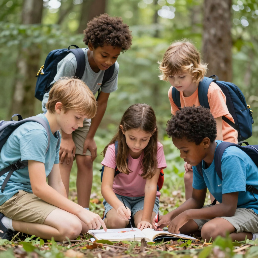 Children working together on a creative outdoor science project.