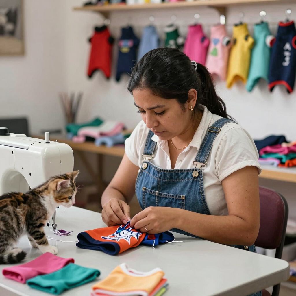 Una costurera cose ropa para mascotas en una máquina de coser, mientras un gatito la observa