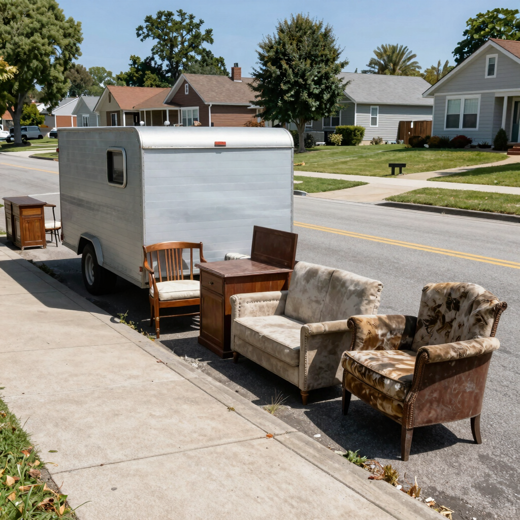 A clean white box truck with the Cargo Junk Removal logo driving down a sunny suburban street.
