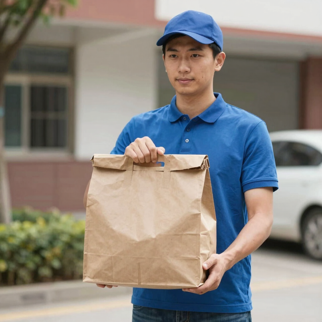 Delivery person handing over a neatly packed meal at a customer's door.