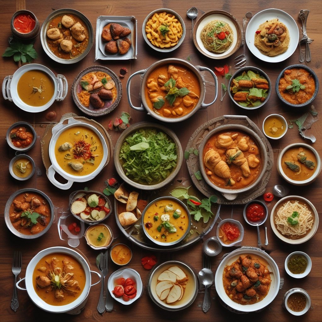 A vibrant display of four colorful dishes representing Chinese, Continental, Local, and Dessert cuisines arranged on a rustic wooden table.