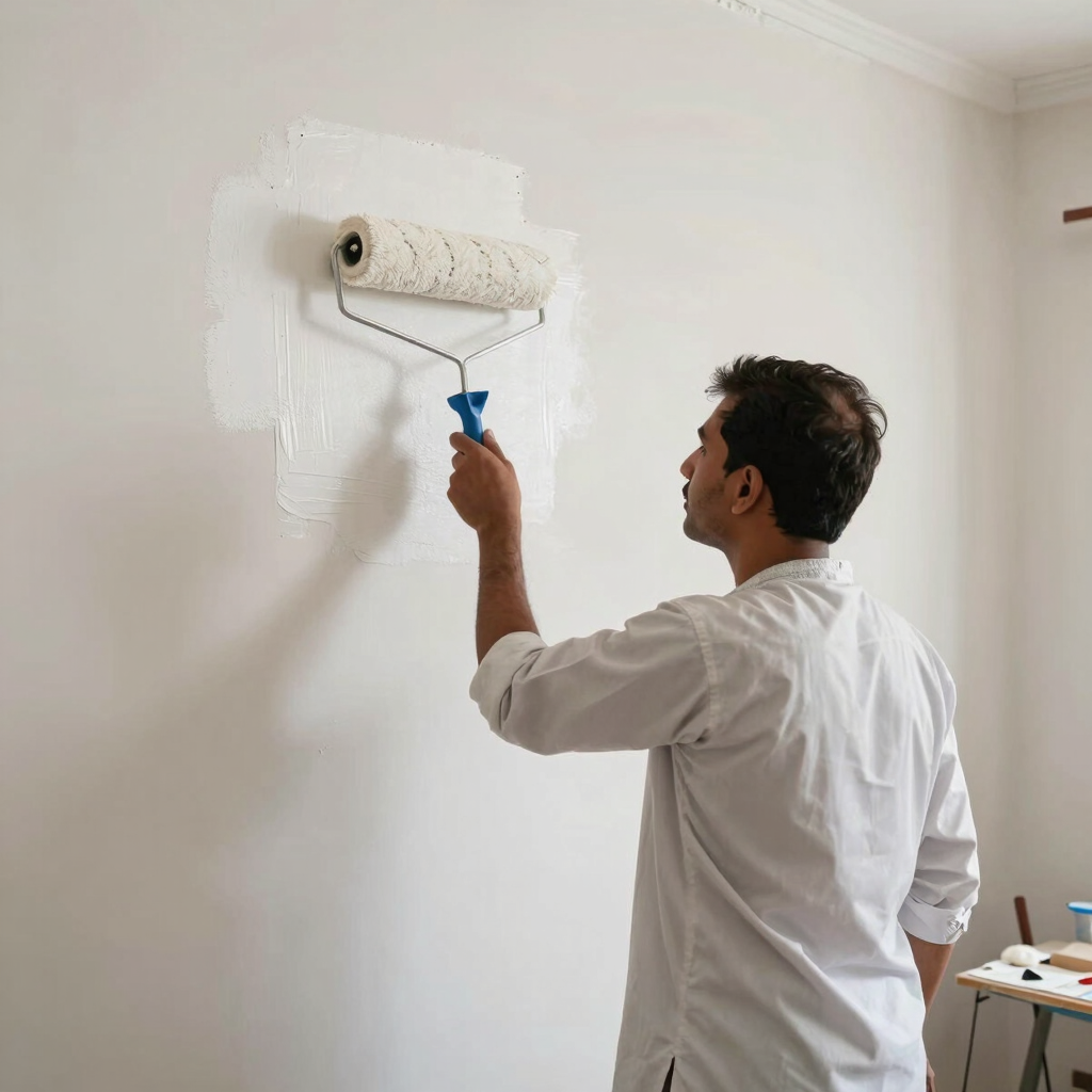 A skilled painter carefully applying a warm beige coat on a home's exterior wall.