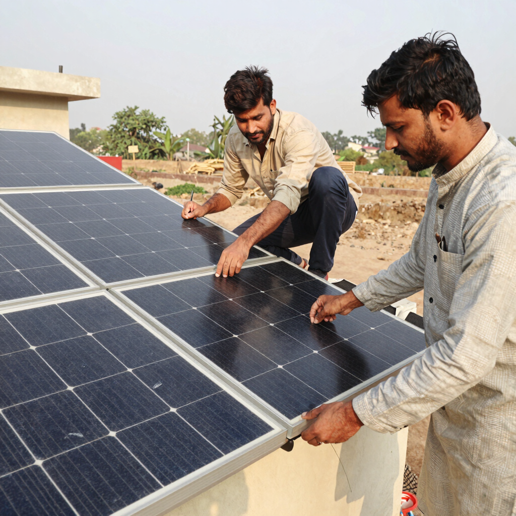 Professional staff installing solar panels on a sunny rooftop in Karachi.